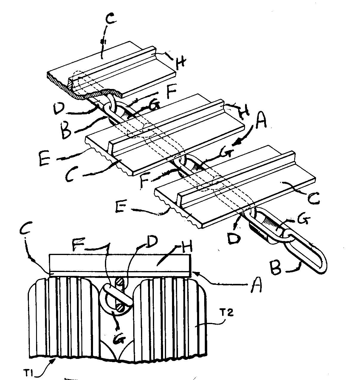 A - Endless belt tread; B - Link chain; C - Transverse treadplate; D - Alternate links; E - Grooves for tread plate; F - Connectorlinks; G - Semicylindrical guide members; H - Grouser or projectingcleat; T1, T2 - Drive wheels or drive rollers
