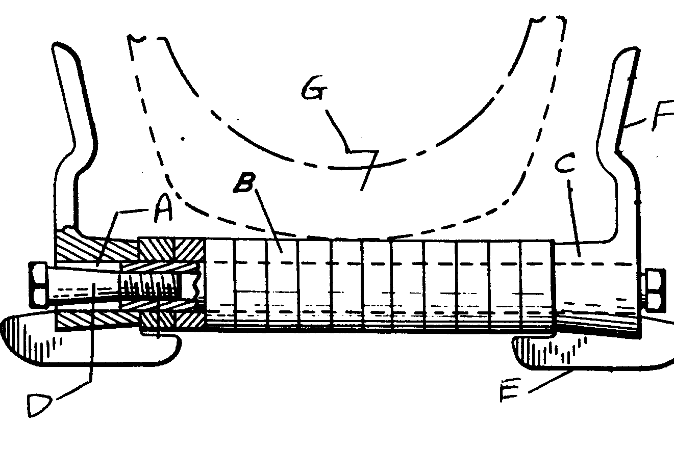 A - Link pin; B - Link; C - Sleeve; D - Threaded  plug;E - Shoe; F - Shoe guide; G - Tire or wheel
