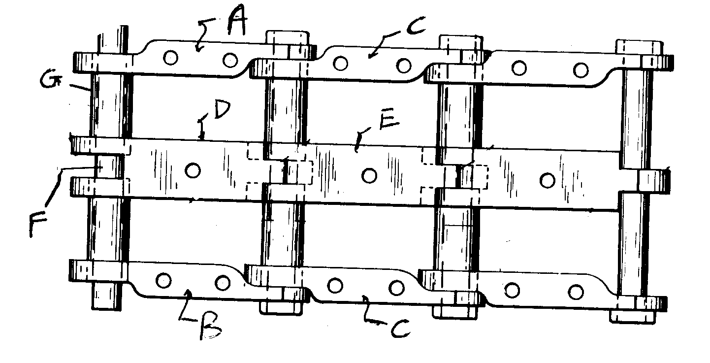 A, B, C - (Inside-Outside) Link members; D, E - Intermediatelink members; F - Transverse connector pin; G - Sleeve or bushing
