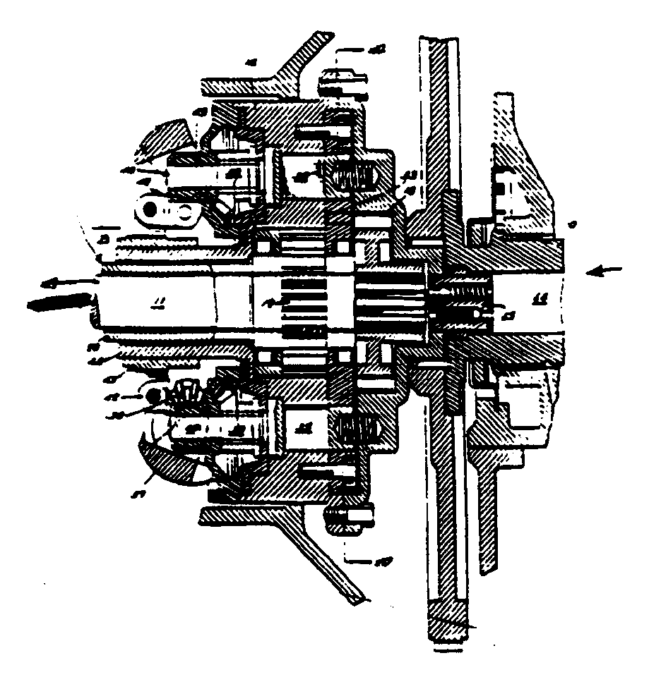 centrifugal weight 37 closes valve 35 of clutch; fluid brake26, 27 stops this shaft; output; input
