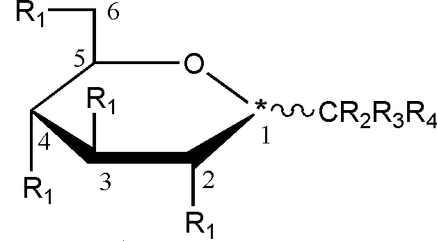 [21] n=6  wherein: - at leastone of the R subscript 1 (where n = 5) or atleast two of the R subscript 1 (where n = 6)must be -OR wherein R is H or  group bonded to the oxygenof -OR through carbon;  - R subscript 2, R subscript 3,and R subscript 4 alone or in combination can be any substituentwhich completes the valency of the carbon atom.   (ii) 'C-glycoside',although often used in the art to represent this type compound,is a misnomer-'C-glycosyl' is the properterm.
