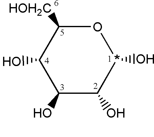 a-D-glucose D-glucopyranose [8]   wherein:(i) figure [5] is the cyclic form of figure [1],(ii) figures [6-8] each depict, in a differentway,  a-D-glucose, which is one of the two cyclic forms of D-glucoseshown in figure [2], (iii) figure [2] isa Fischer projection, figure [6] is a conformationalprojection, figure [7] is a Haworth projection,and figure [8] is a Mills projection, (iv) thenumber one carbon atom, the asterisked carbon atom, is the hemiacetalcarbon and is also known as the anomeric carbon.  Criterion 3:  the derivatives of (1) or (2) wherein: (a) for acyclic saccharides,(i) the 5 or 6 carbon member skeleton and  the  carbonylfunction are not destroyed, (ii) there are no fewer than(n - 2) total -OR moieties directly bonded to the carbonskeleton (wherein R is H or a group bonded to oxygen through carbon),     (iii) no more than one oxygen atom is attached to any one carbonof the carbon skeleton, and structures [9-14] areillustrative:
