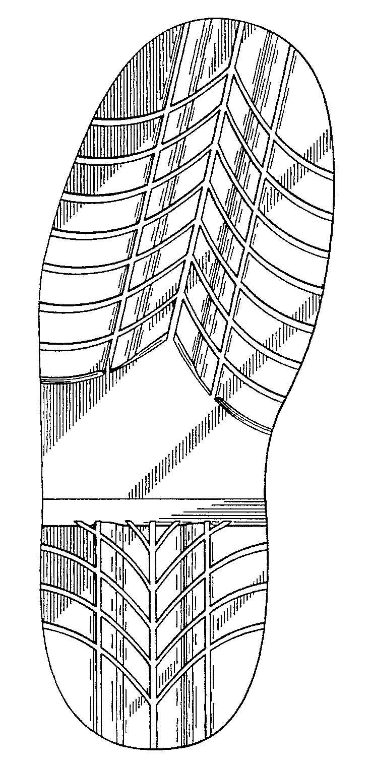 A typical example of  a sole with a repeating rib, groove orchevron element.
