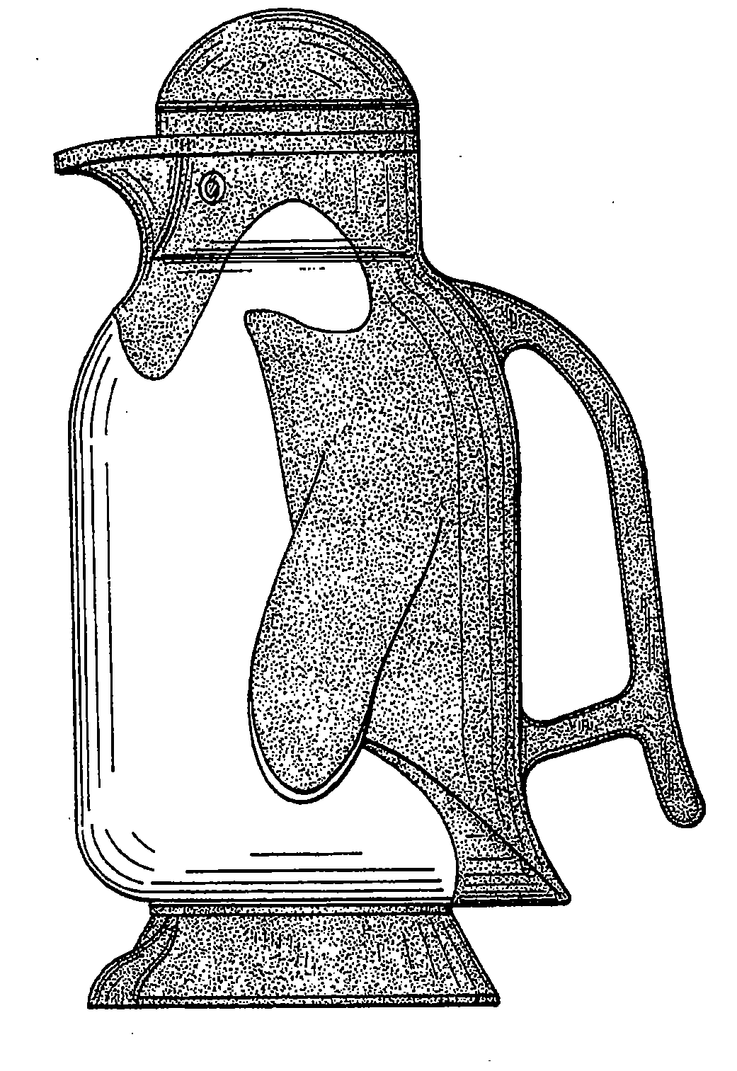 Example of a handheld design for serving a beverage witha simulative appearance and a rim-mounted pouring lip.
