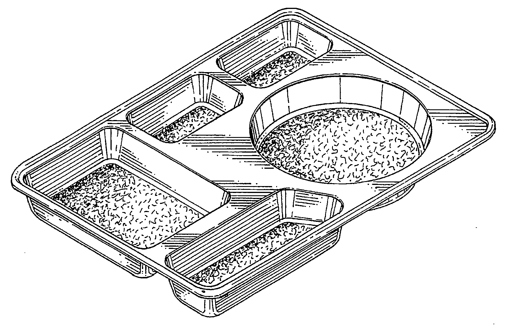 Example of a design for a compartmented tray with a rectangularperimeter that shows a circular compartment.
