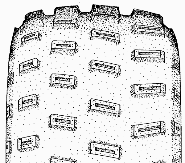 Example of discrete tread blocks arrayed on a plain asymmetricaltire tread surface.
