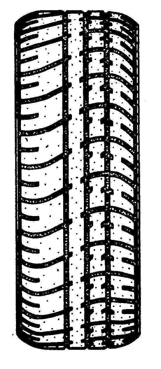 Example of latterally opposed notches in uninterrupted cicumferentialrib on asymmetrical tire tread.
