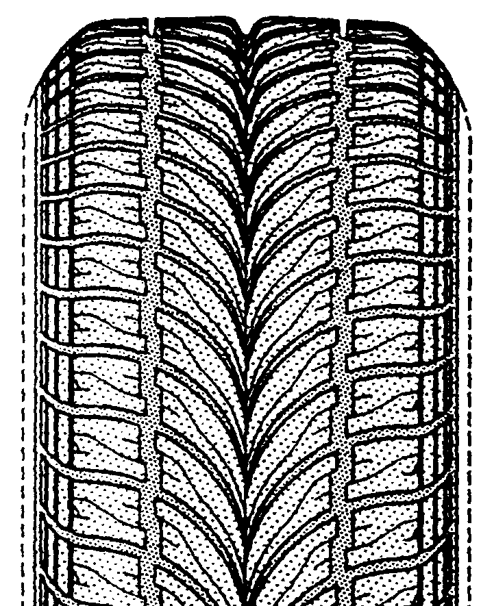 Example of directional type tire tread having equatorial circumferentialgroove width at least 10 percent of tread width.
