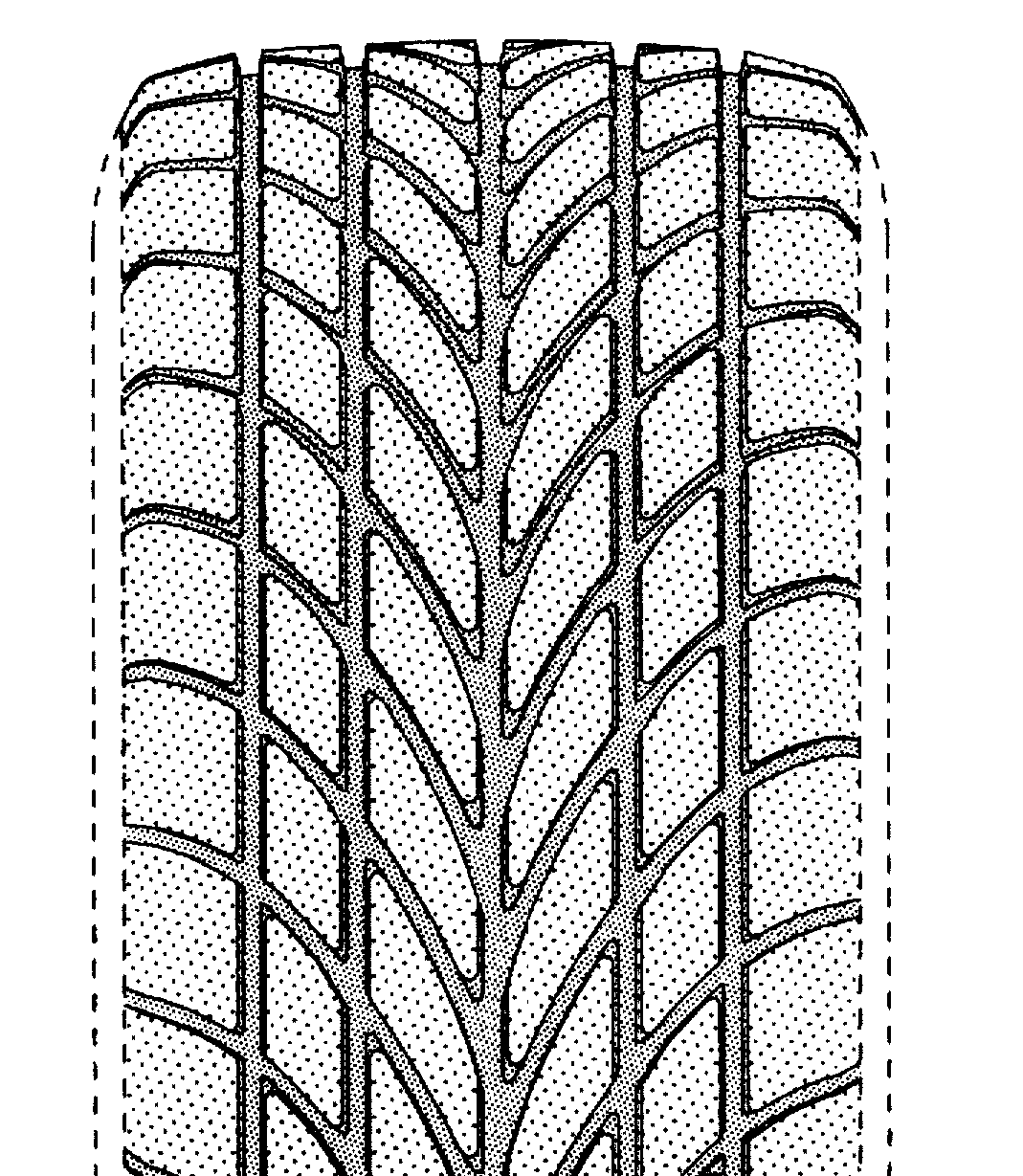 Example of directional type tire tread with interrupted equatorialcircumferential groove.
