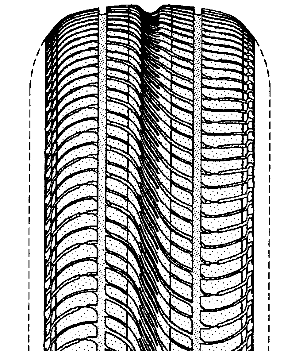 Example of nondirectional type tire tread with equatorialcircumferential groove having groove width at least 10 percent oftread width.
