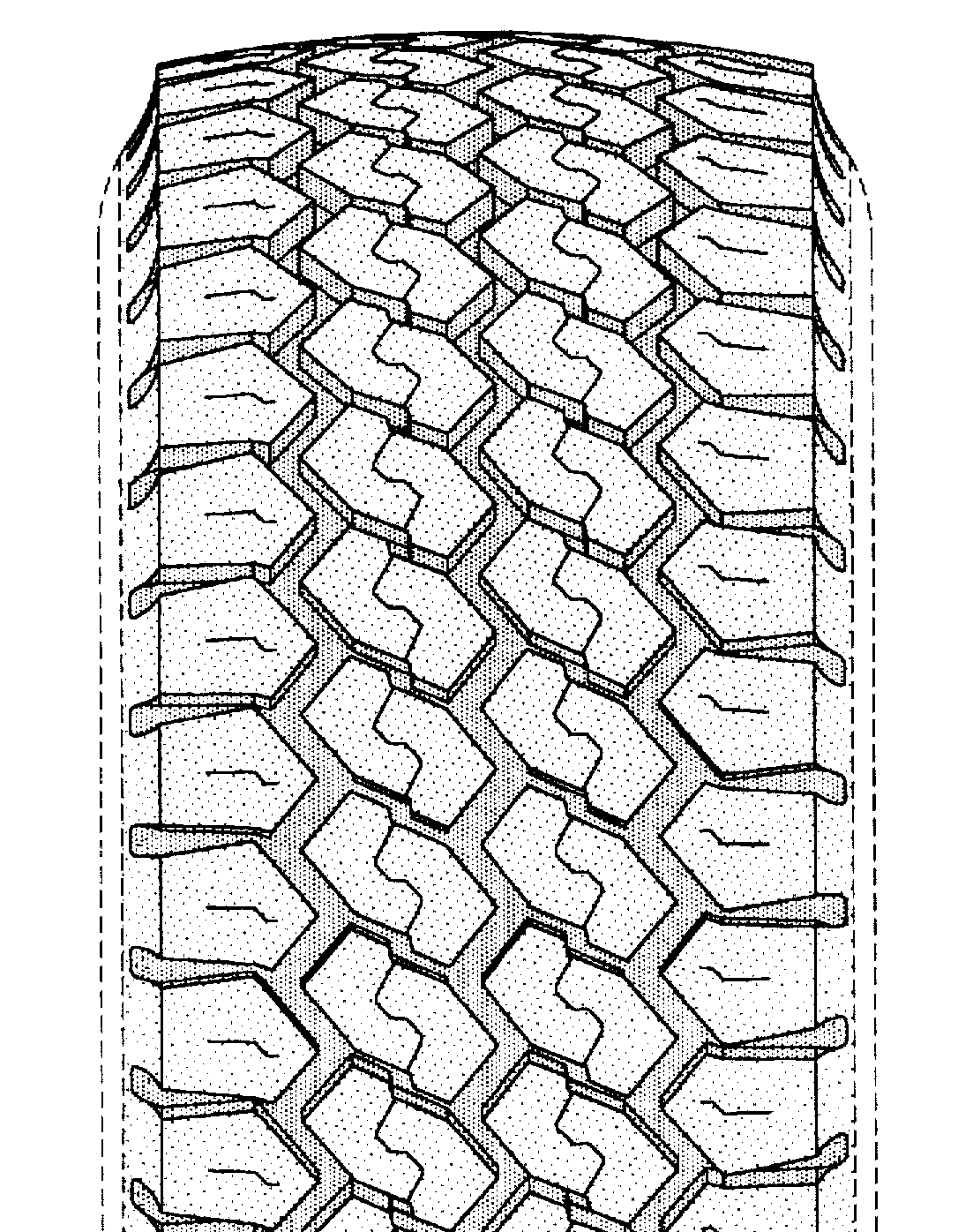 Example of nondirectional type tire tread with interruptedequatorial  circumferential groove. 
