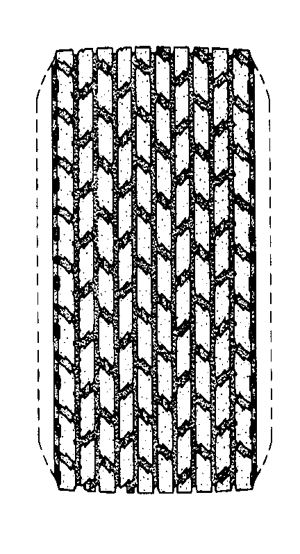 Example of tire tread including tie bar feature.
